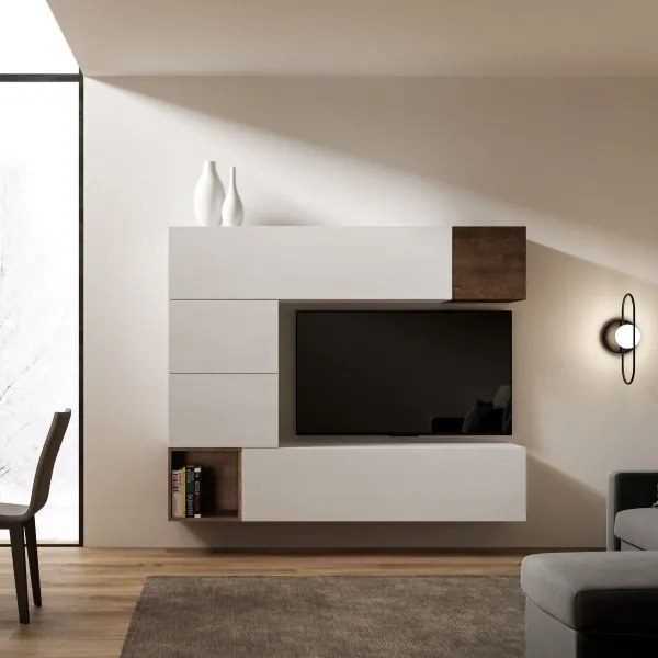 Parete soggiorno Isoka A11 L.194 H.160 P.39,5 Bianco e Noce