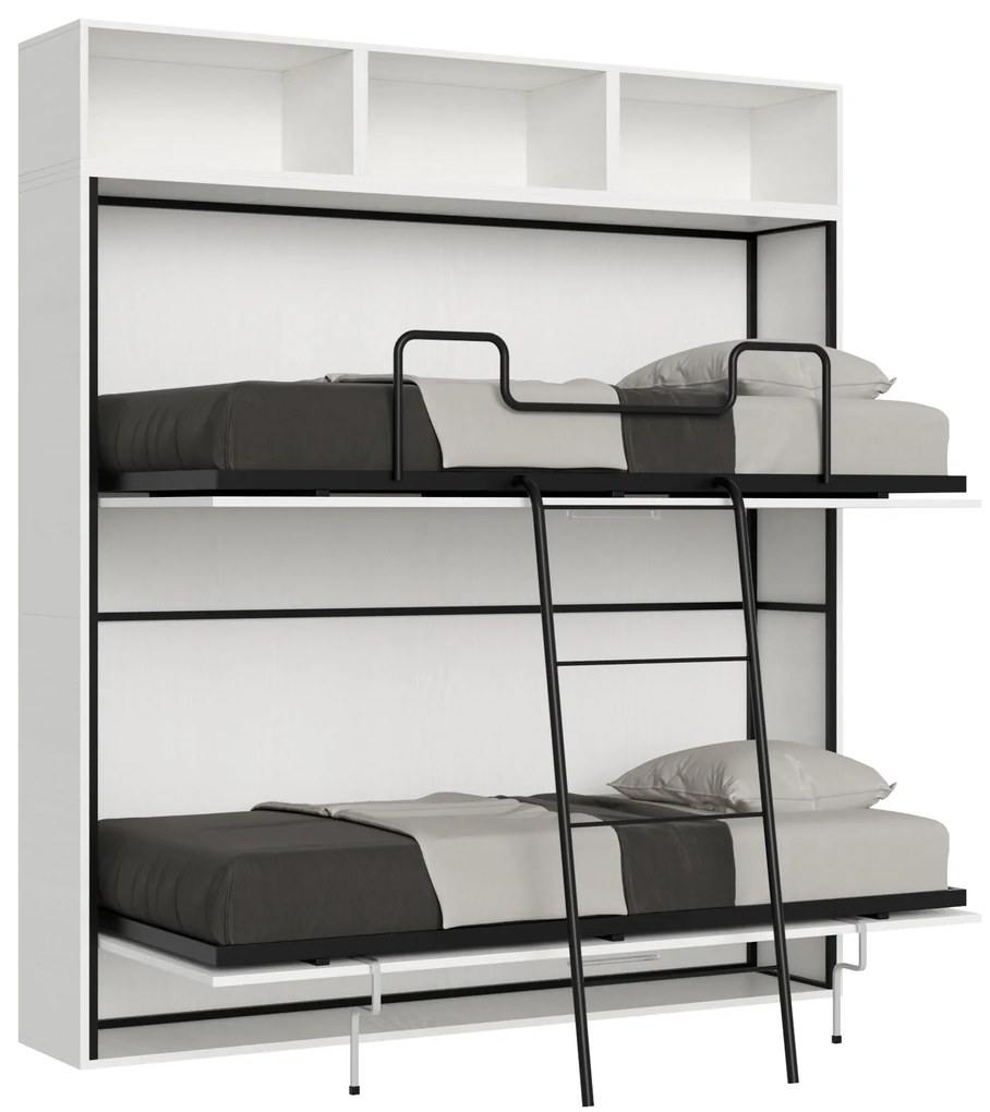 Letto a scomparsa matrimoniale orizzontale Kando con libreria multifunzionale, L.199,9 P.39,2 H.223,1 cm (aperto P.106 cm) / Bianco Frassino