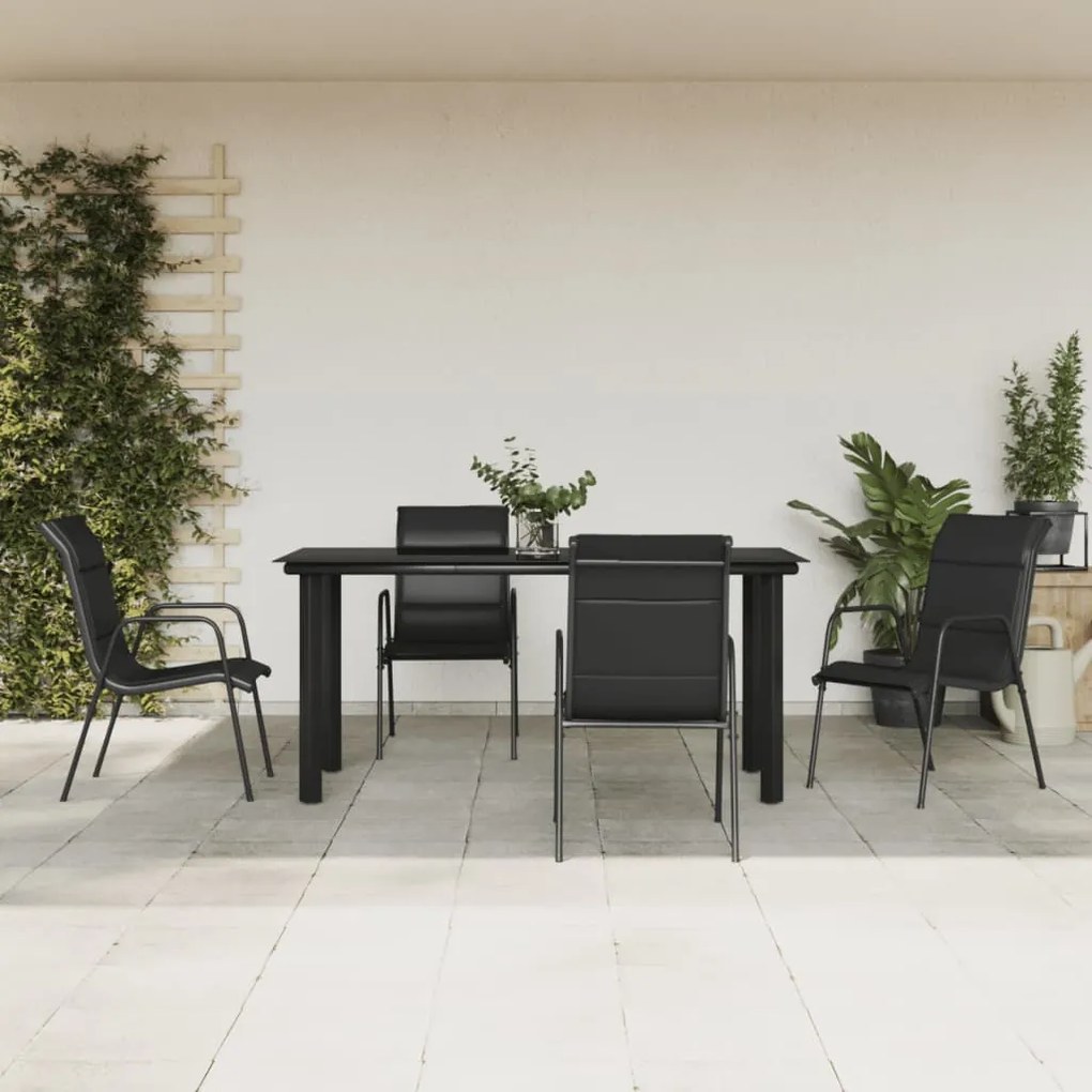 Set da pranzo da giardino 5 pz nero in acciaio e textilene