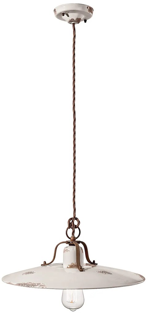 Lampadario Vintage Country Ferro E Ceramica Bianco 1 Luce E27