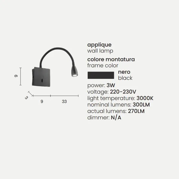 Applique FALL in metallo Nero con LED direzionale 9x36 cm
