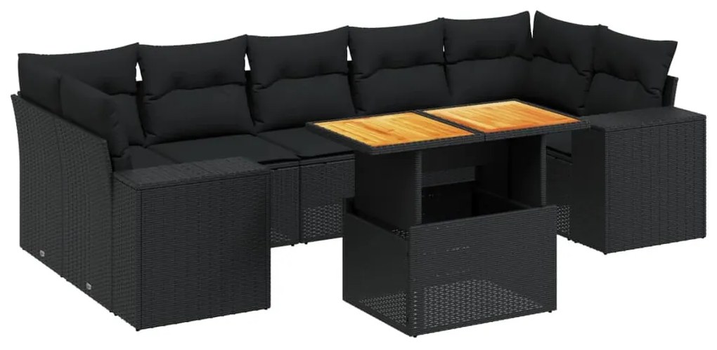 Set divani da giardino con cuscini 8 pz nero in polyrattan