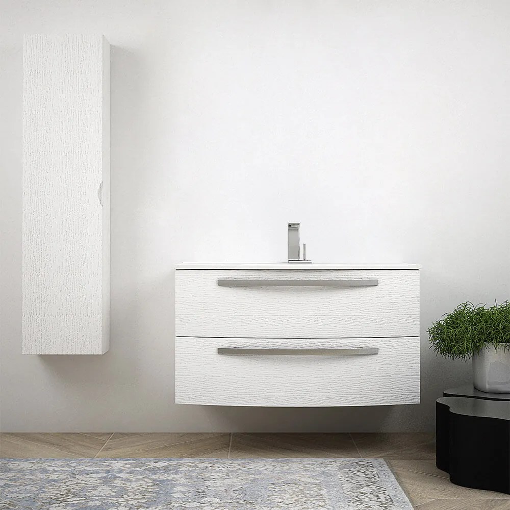 Mobile per bagno bianco frassino 100 cm sospeso design curvo Mod. Berlino con colonna da 140 cm