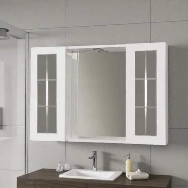 Specchiera bagno 91 cm Bianco Lucido a 2 ante inglesina con luce LED