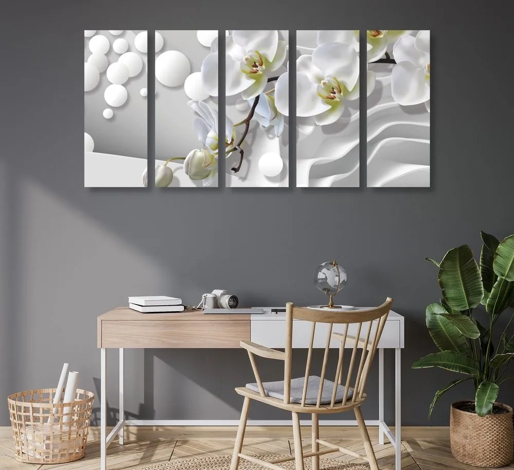 Quadri 5 pezzi – Orchidea su sfondo astratto