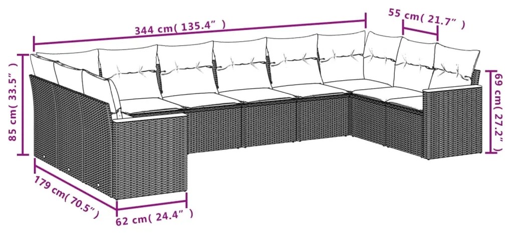 Set divani da giardino 10pz con cuscini in polyrattan nero