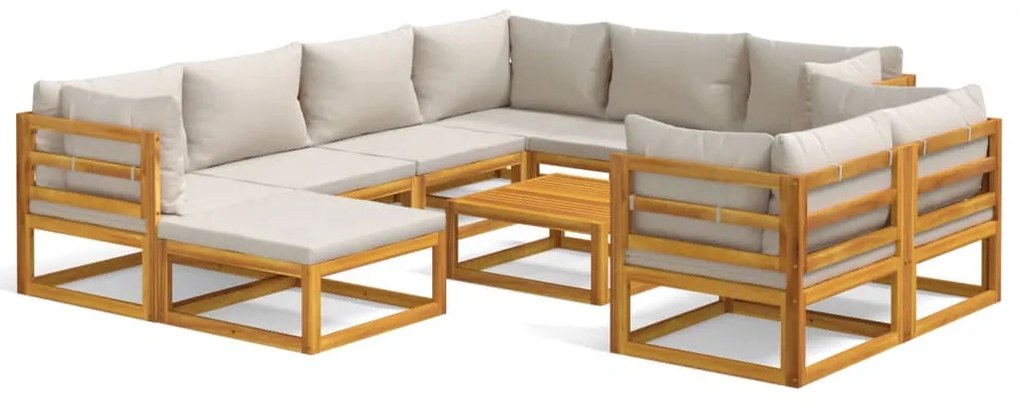 Set Salotto Giardino 10pz Cuscini Grigio Chiaro Legno Massello