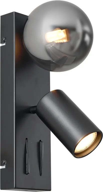 Lampada da parete moderna nera a 2 luci inclinabile con porta USB-C - Lesly