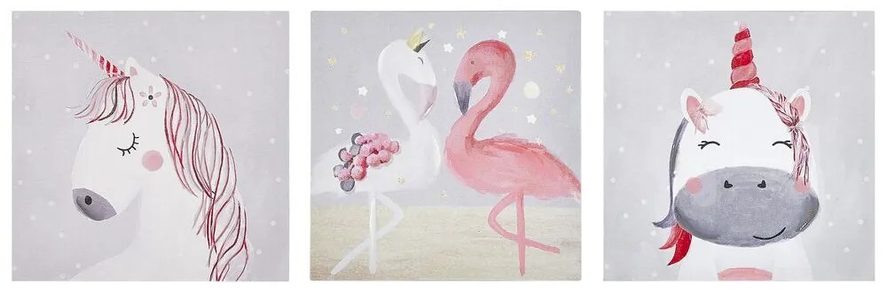 Set di 3 stampe su tela grigio e rosa 30 x 30 cm TIMIA Beliani