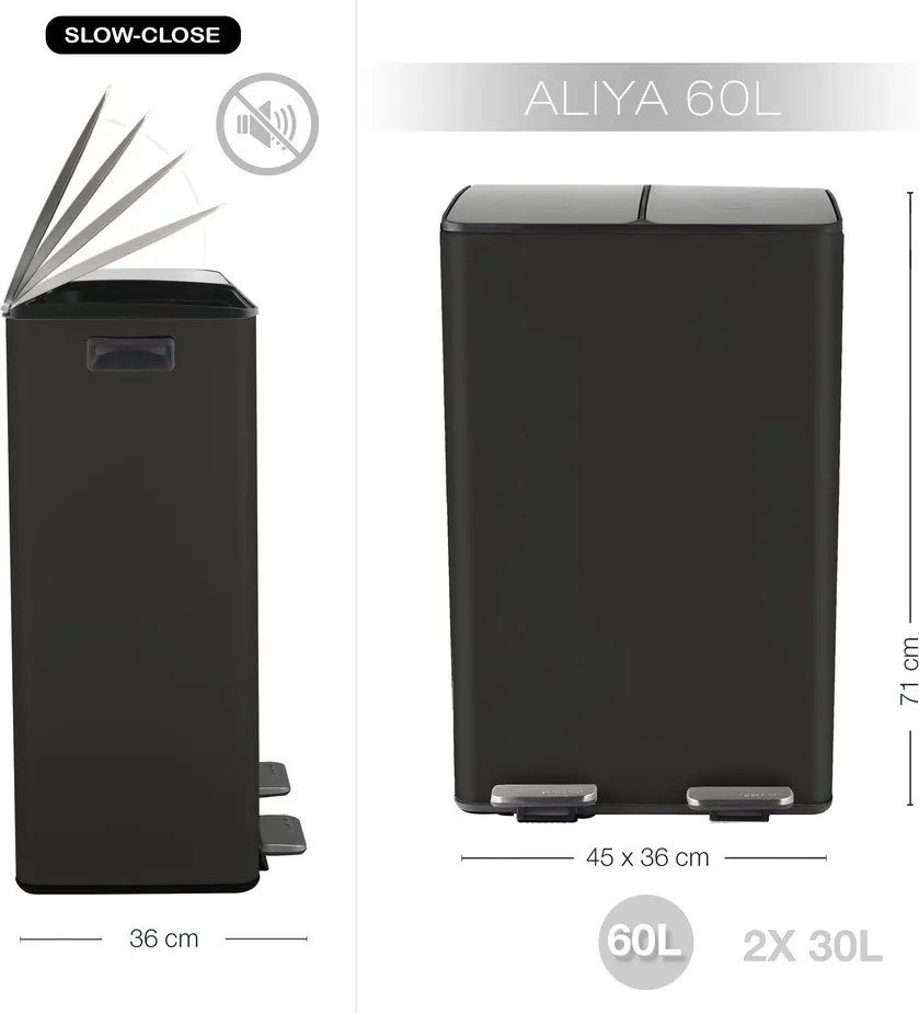 Cestino per la spazzatura nero opaco in acciaio per raccolta differenziata/con pedale 2x30 l Aliya – Spirella