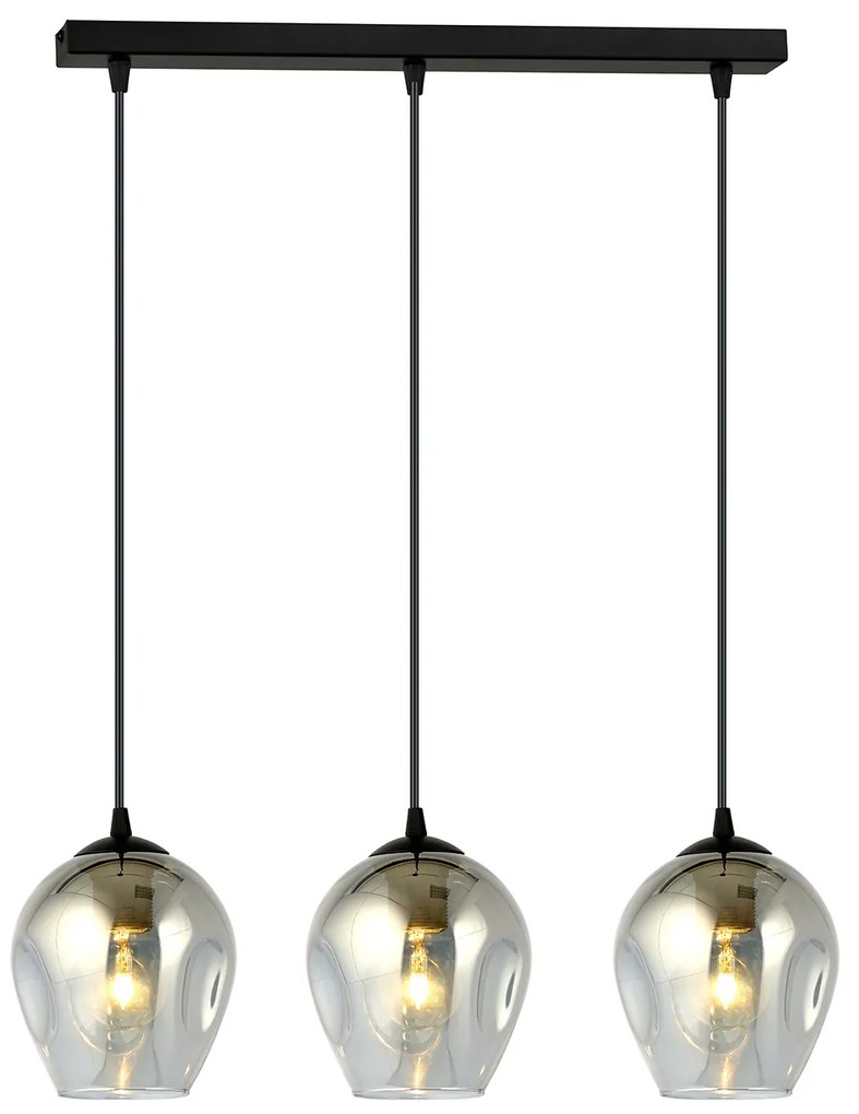 Lampadario 3 Luci Fuxi In Acciaio Nero E Vetri Fumè