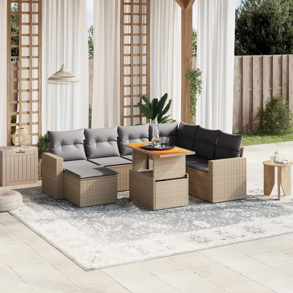 Set divano da giardino 8 pz con cuscini beige in polyrattan