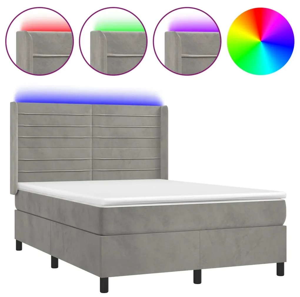 Letto a molle materasso e led grigio chiaro 140x190 cm velluto