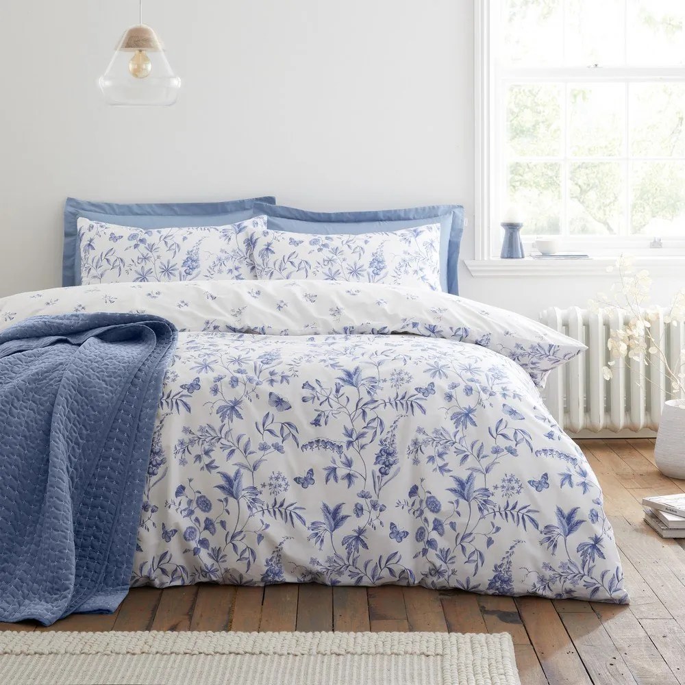 Set copripiumino e federa blu in percalle di cotone per letto matrimoniale 3 pezzi 200x200 cm Thea Floral – Bianca