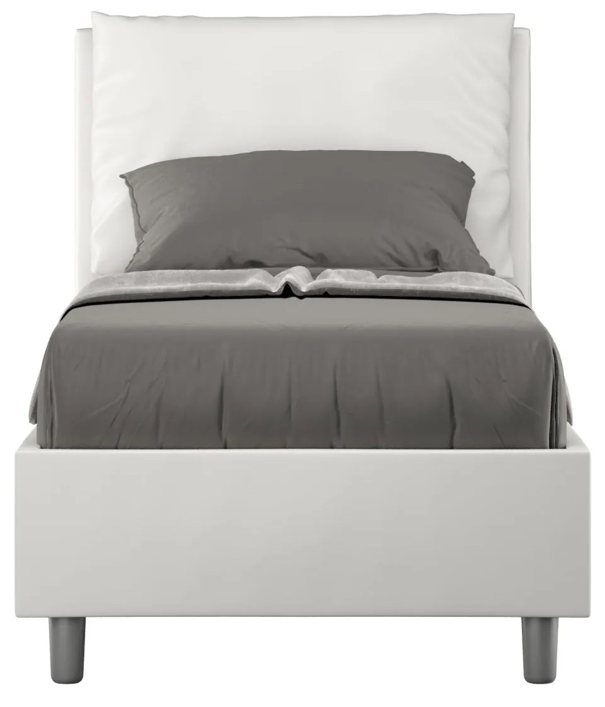 Letto singolo imbottito similpelle Antea senza rete, con rete e contenitore, Bianco / Contenitore