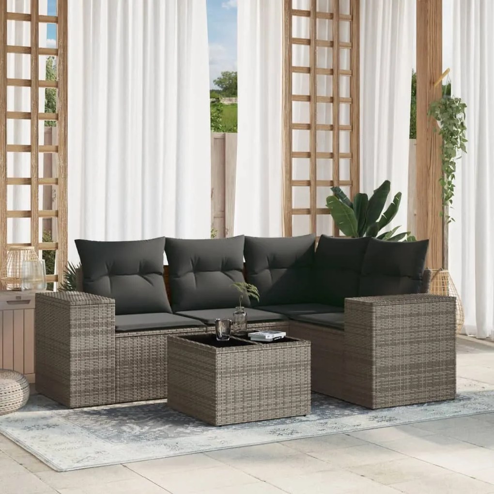 Set divano da giardino 5 pz con cuscini grigio in polyrattan