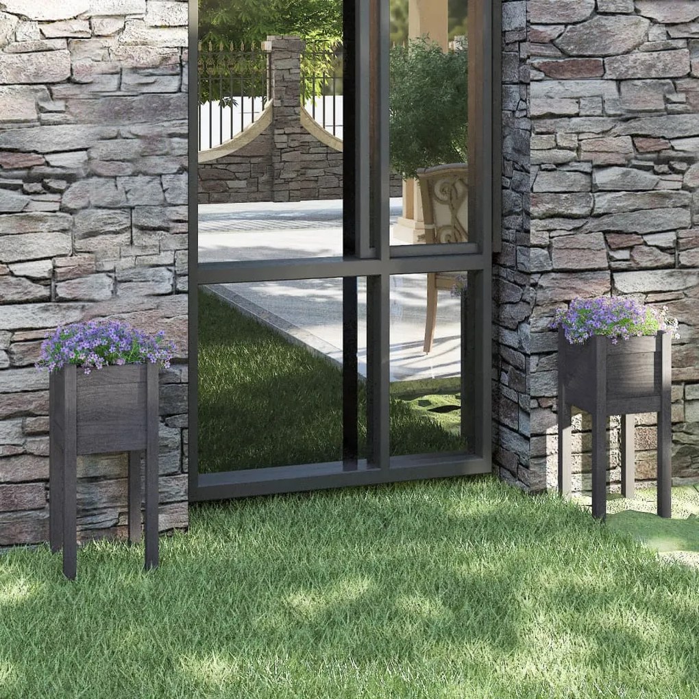 Fioriere Da Giardino 2 Pz Grigie 31x31x70 Cm İn Legno Di Pino /