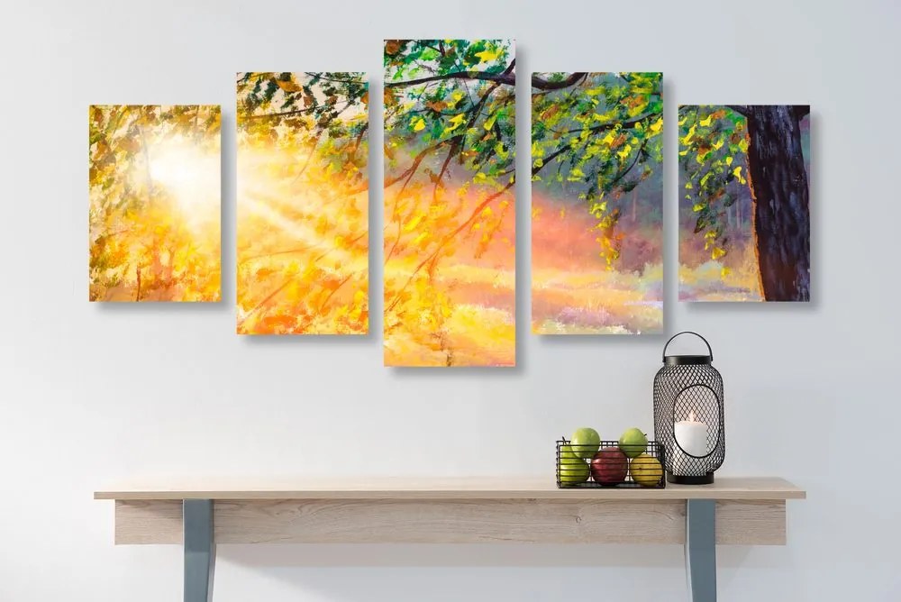 Quadri 5 pezzi – Alba nella foresta