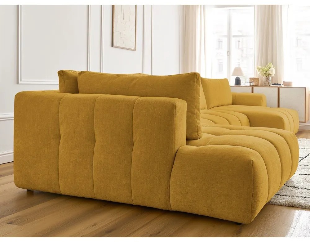 Divano angolare color senape allungabile e con contenitore (penisola a sinistra/a U) con rivestimento in ciniglia Fuji – Bobochic Paris