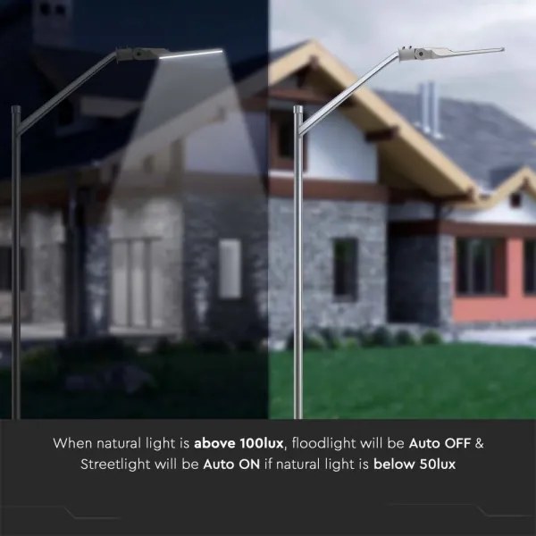 Lampione LED stradale 100W 6500K IP65 con sensore crepuscolare grigio