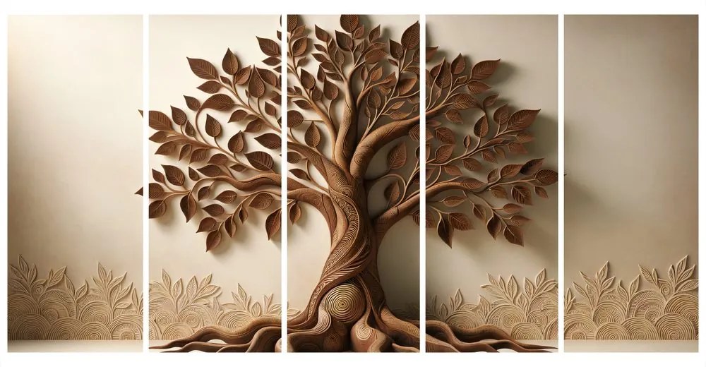 Quadri 5 pezzi – Albero della vita marrone con effetto 3D