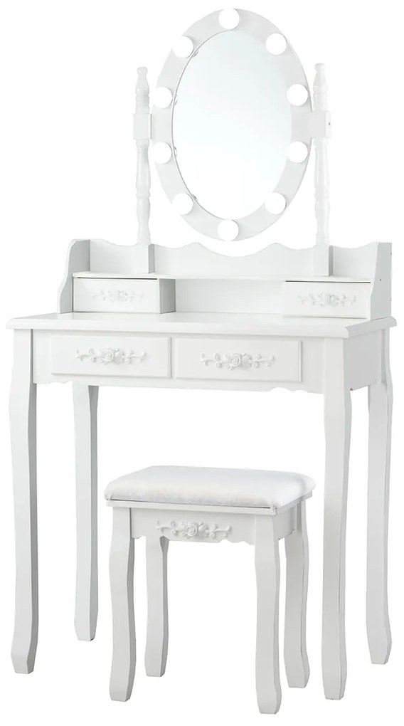 Costway Set tavolo toeletta con 10 luci LED e specchio ovale, Tavolo da trucco con 4 cassetti e sgabello imbottito Bianco