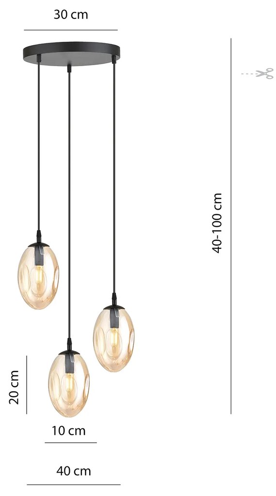 Sospensione Minimal 3 Luci Atalanta Acciaio Nero E Vetro Ambra