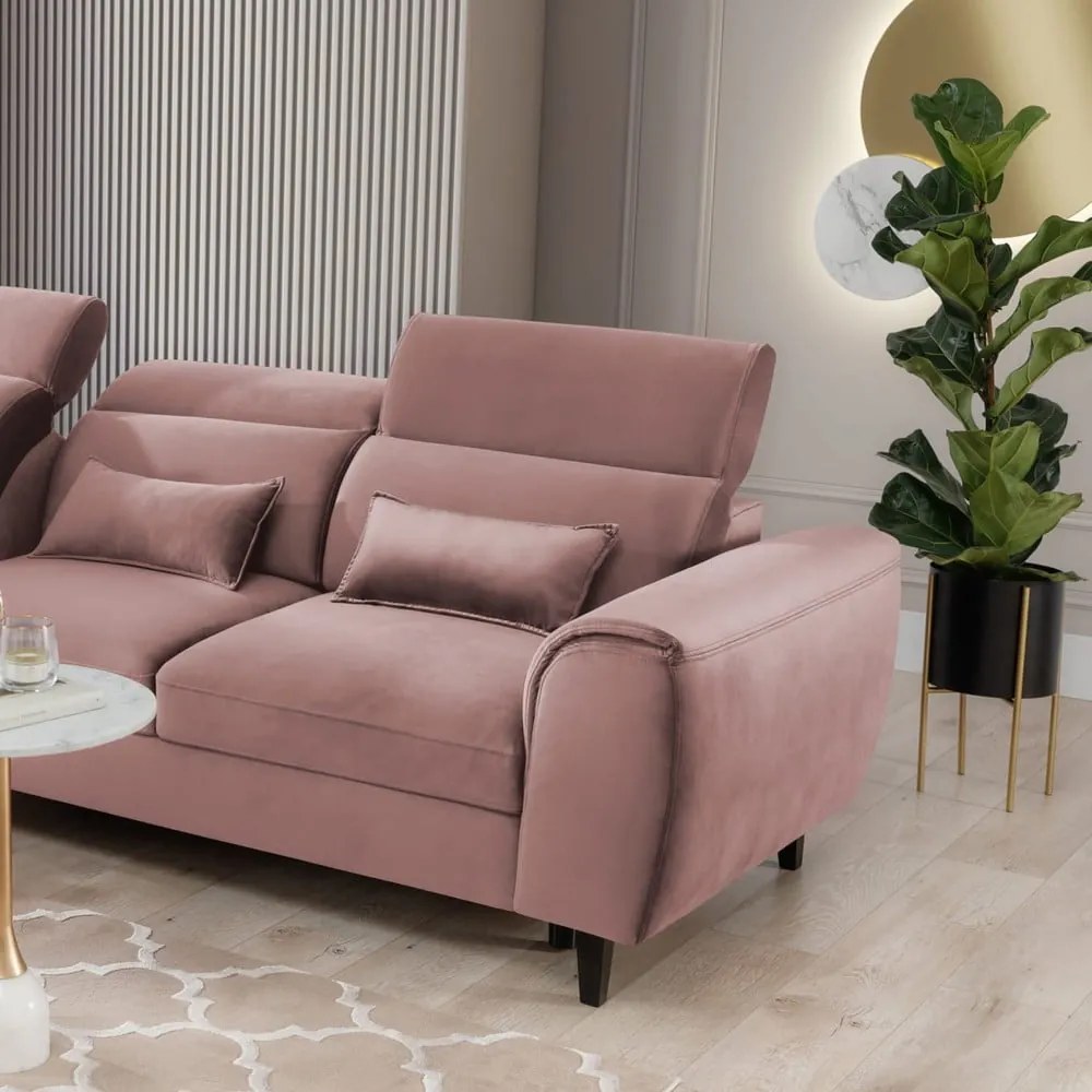 Divano angolare rosa allungabile/con contenitore (con penisola a sinistra/con chaise lounge) e rivestimento in velluto Foble – ELTAP