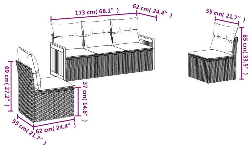 Set divano da giardino 5 pz con cuscini beige in polyrattan