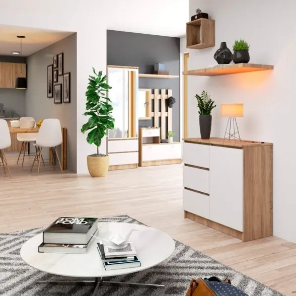 Cassettiera Credenza 80 Cm 3 Cassetti 1 Anta Artika Rovere E Bianco