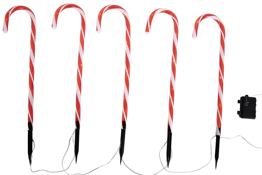 Set di 5 luci da giardino natalizie rosse con bastoncini di zucchero bianchi con LED e timer IP44 - Melchior