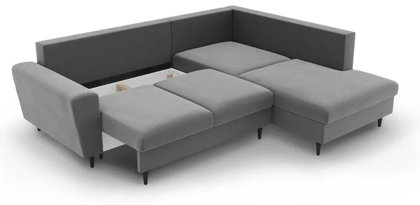 Divano angolare grigio chiaro allungabile e con contenitore (con penisola a destra/a L) con rivestimento in velluto Kyoto – Cosmopolitan Design