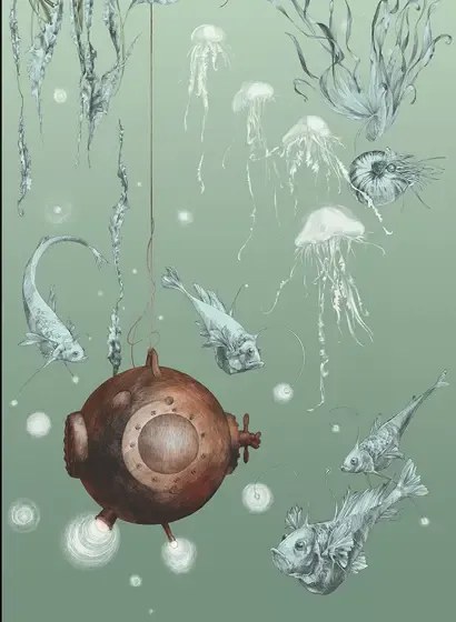 Edmond Petit Carta da parati Nautilus/ Méduses/ Nénuphars - Nautilus gauche - Aqua