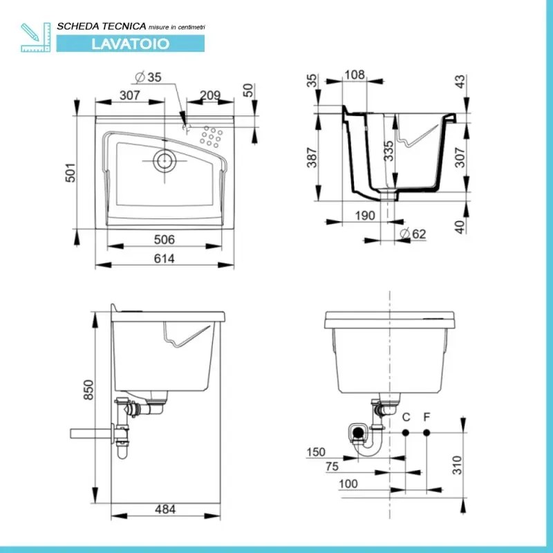 Mobile lavatoio 61x50 cm Revine vasca in ceramica e asse in legno