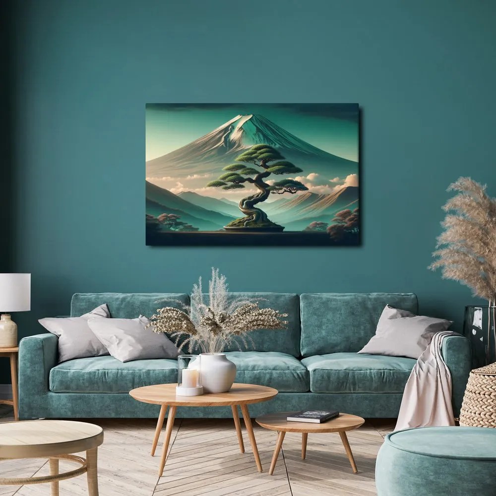 Quadro su tela – Bonsai e montagna in stile giapponese