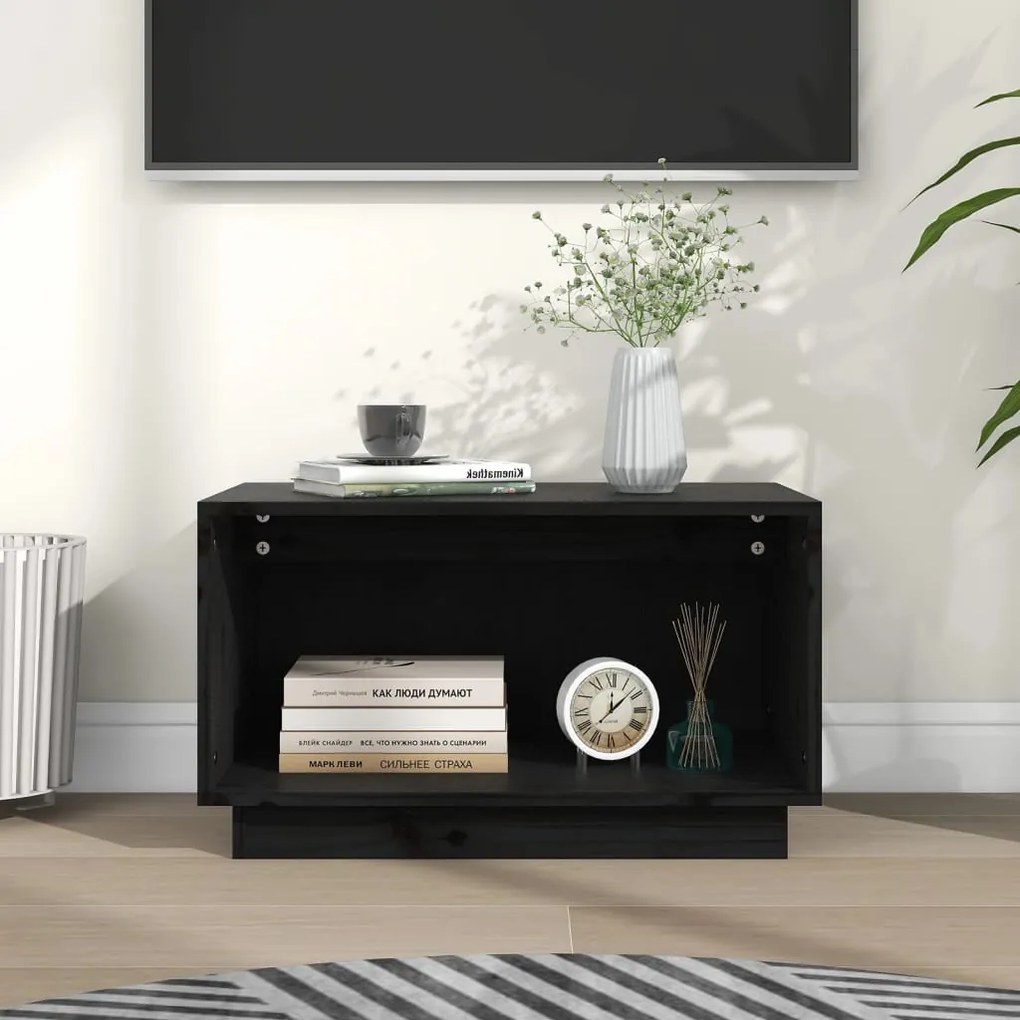 Mobile Porta Tv Nero 60x35x35 Cm İn Legno Massello Di Pino /