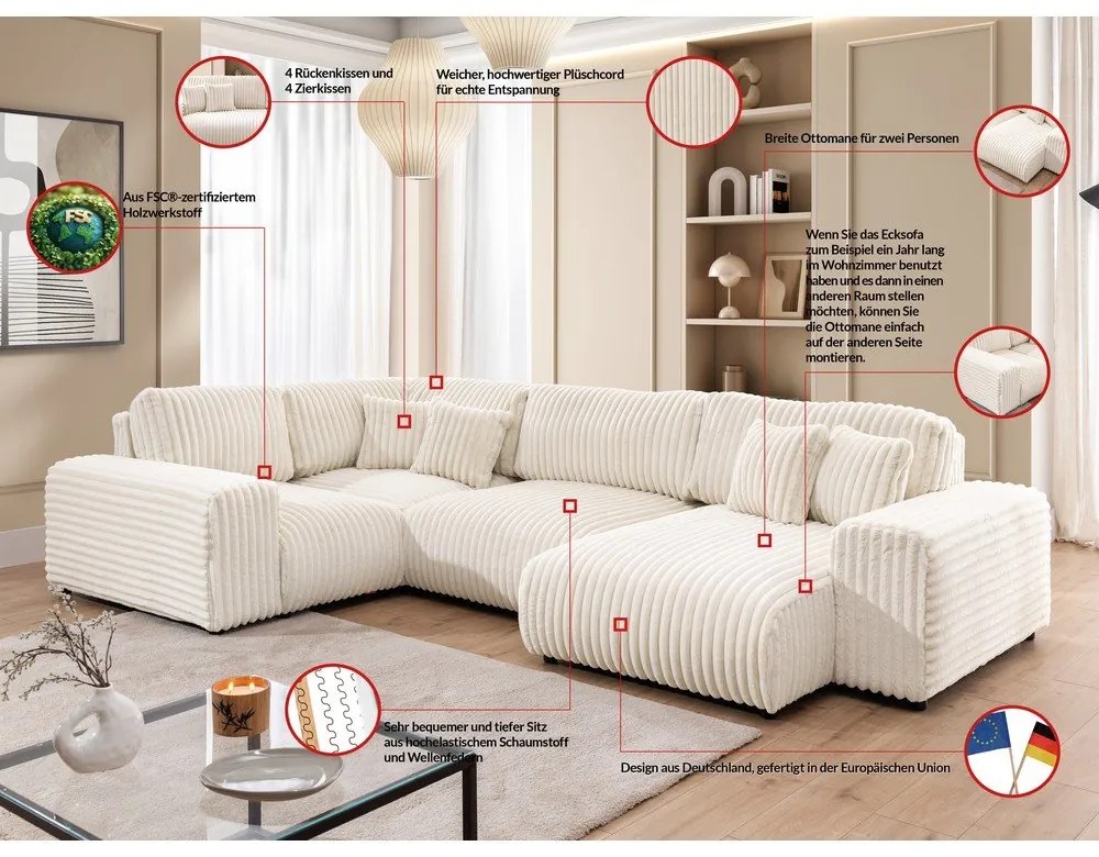 Divano angolare color crema (con penisola a sinistra/a U) rivestito in velluto a coste Justin – Ropez