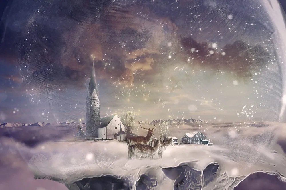 Stampa su tela – Cervo nel villaggio innevato