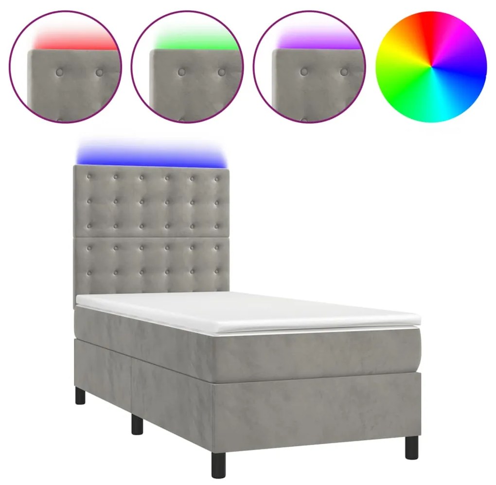 Letto a molle materasso e led grigio chiaro 90x200 cm velluto