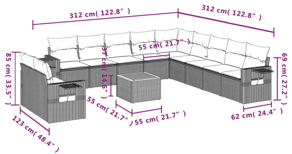 Set divani da giardino 12 pz con cuscini nero in polyrattan