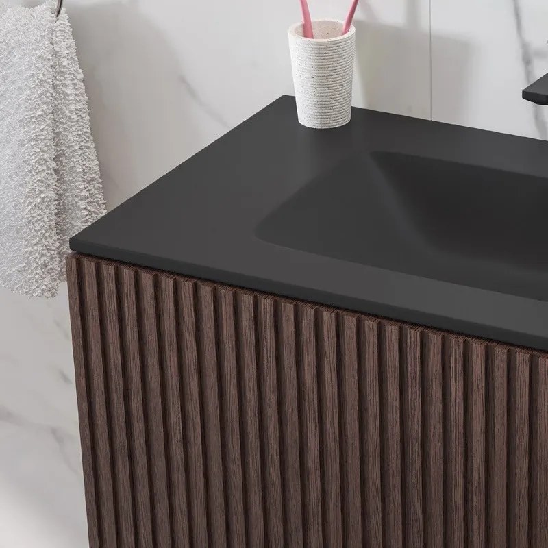Mobile bagno sospeso 80cm effetto cannettato con lavabo nero KDS-80L - KAMALU