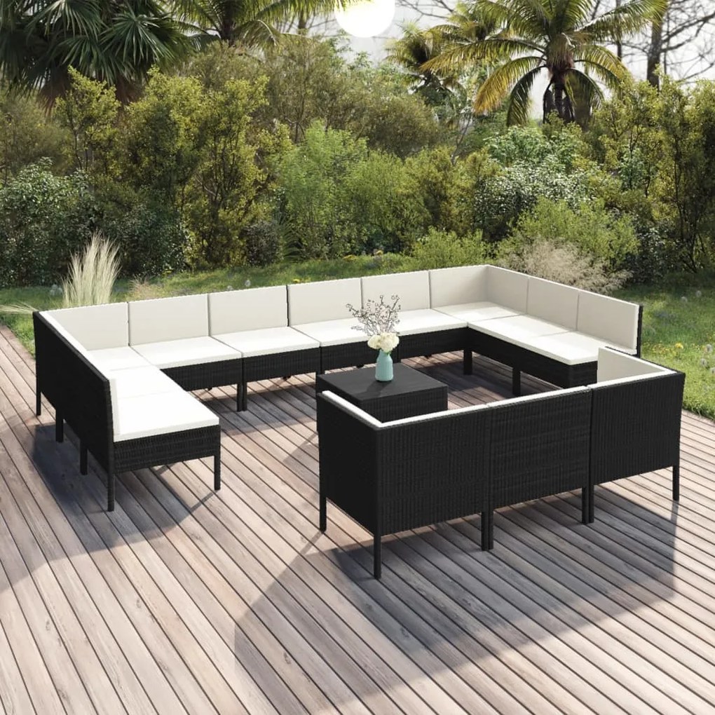 Set divani da giardino 14 pz con cuscini in polyrattan nero