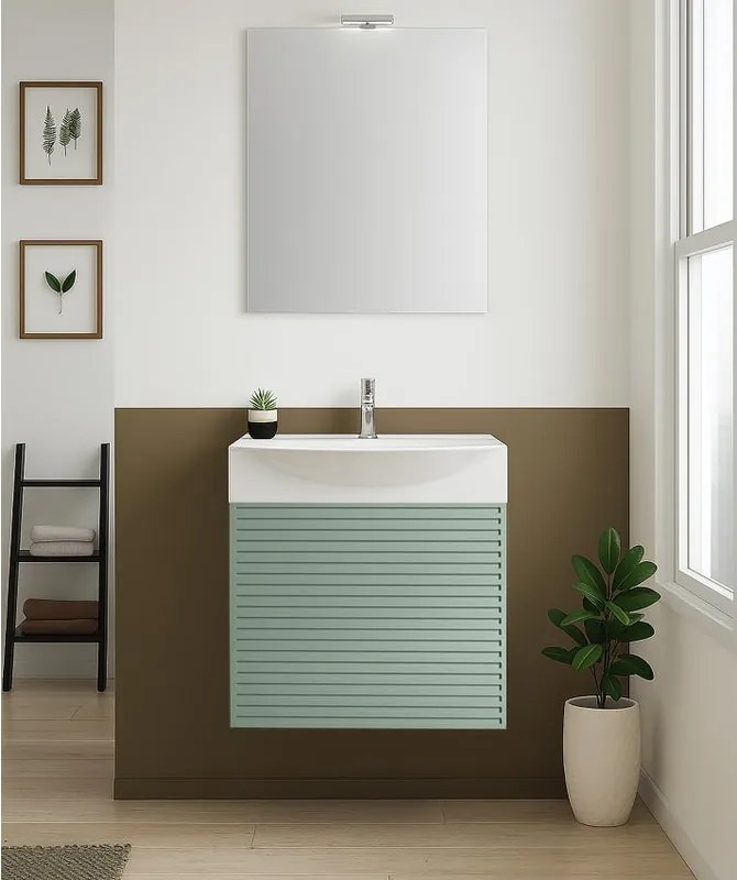 Mobile bagno sospeso con lavabo e specchio e illuminazione Mini50s L 50 x H 58 x P 40 cm laccato opaco verde timo cannettato 1 anta per vasca centrale
