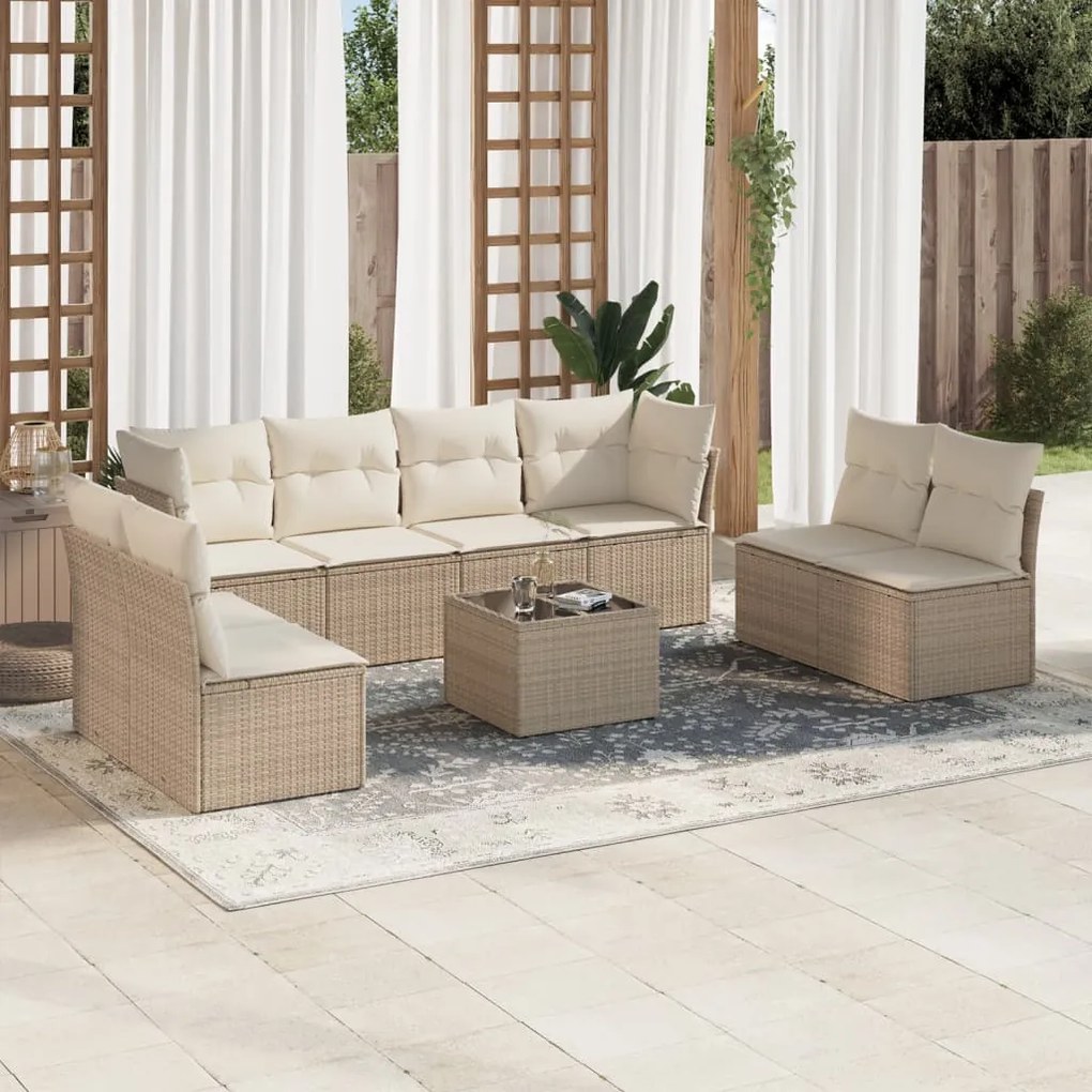 Set Divano da Giardino 9 pz con Cuscini Beige in Polyrattan