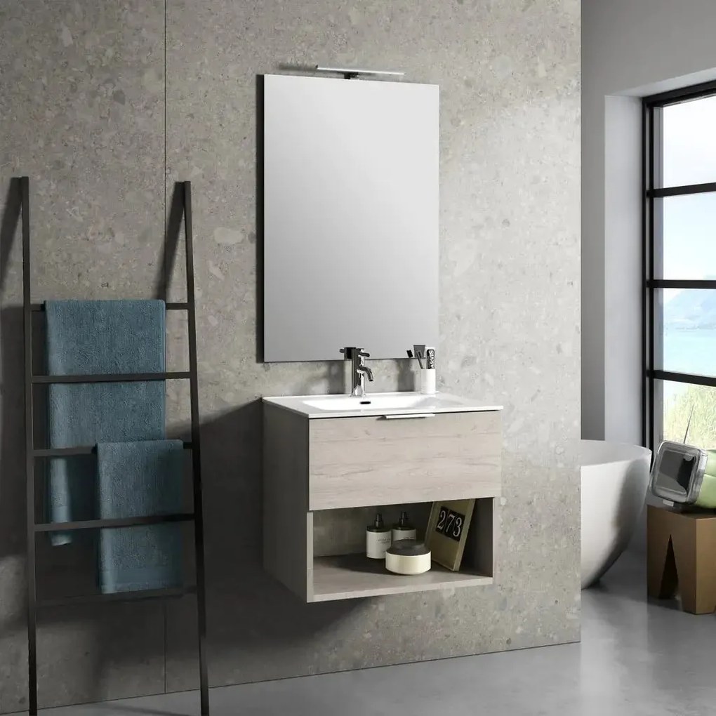 Mobile Bagno 60cm Sospeso Con Cassetto, Vano E Specchio
