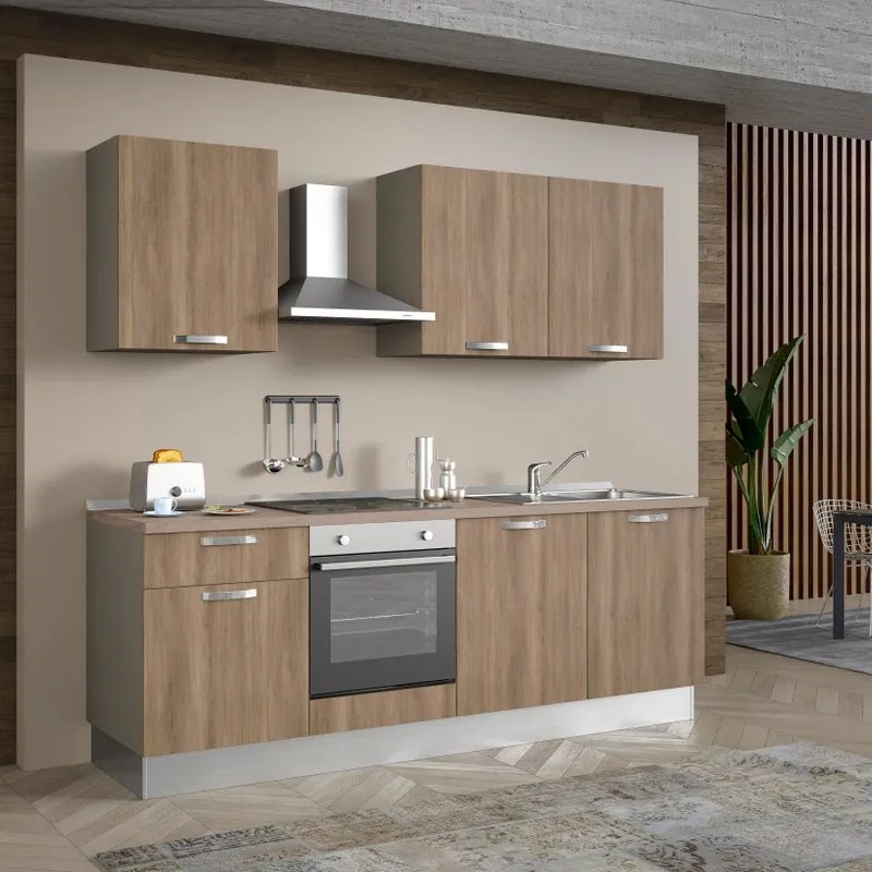 Cucina montata Dora rovere chiaro, lavello a destra, L 240 cm, completa di: cappa a camino, piano cottura a induzione, forno,