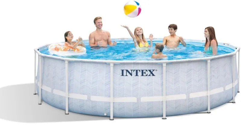 Intex - 26746NP – Piscina Fuori Terra Prisma Frame Chevron Rotonda, Pompa Filtro 5678 L/h, Scaletta, Telo Base e Copertura, 19156 l, Acciaio e pvc,