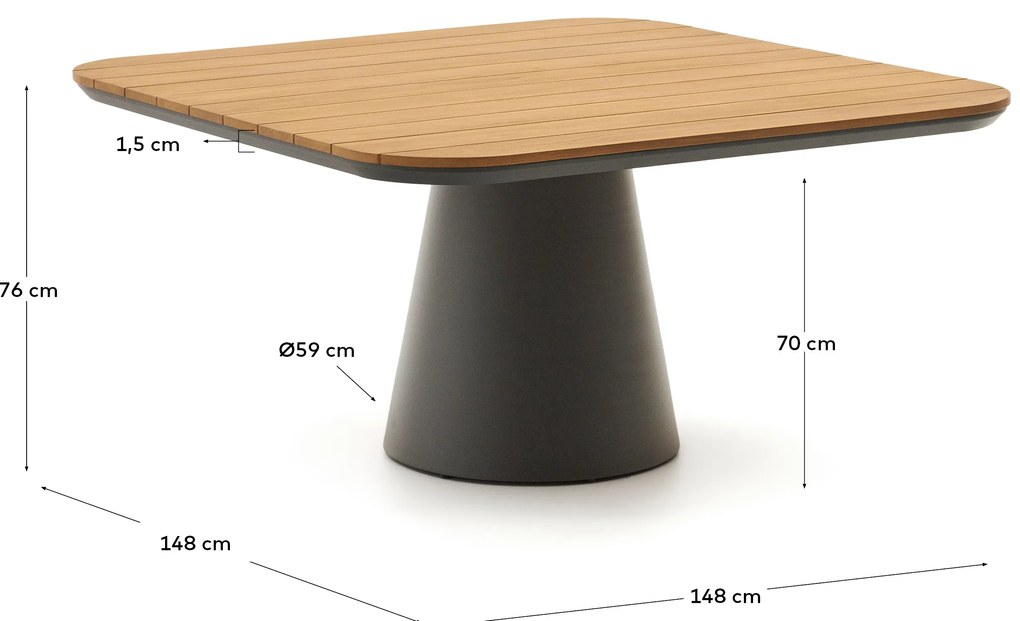 Kave Home - Tavolo da esterno Tudons in alluminio con finitura in grigio e teak FSC 100% 148 x 148 cm