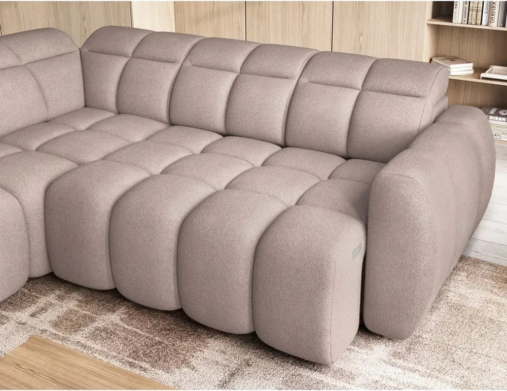 Divano angolare marrone chiaro allungabile/con contenitore (con penisola a sinistra/a L) e rivestimento in bouclé Falconn – ELTAP