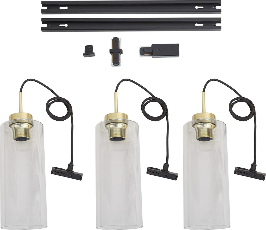 Sistema a binario moderno nero con 3 lampade a sospensione oro con vetro trasparente monofase - Iconic Laura